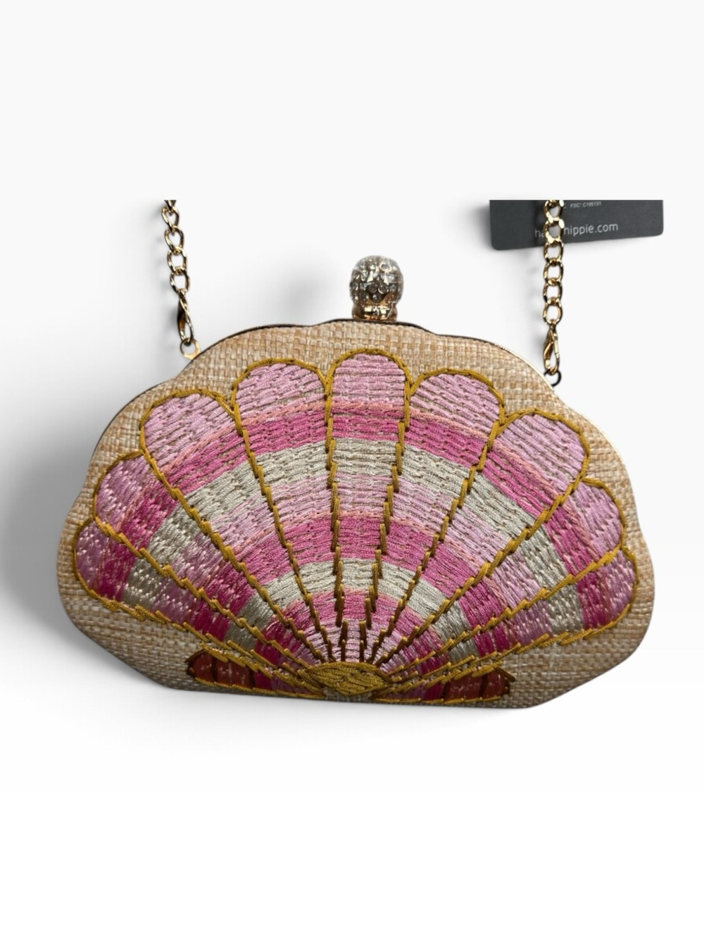 Haute Hippie Shell Embroidered Pink Straw Clutch with Gold Chain NWT